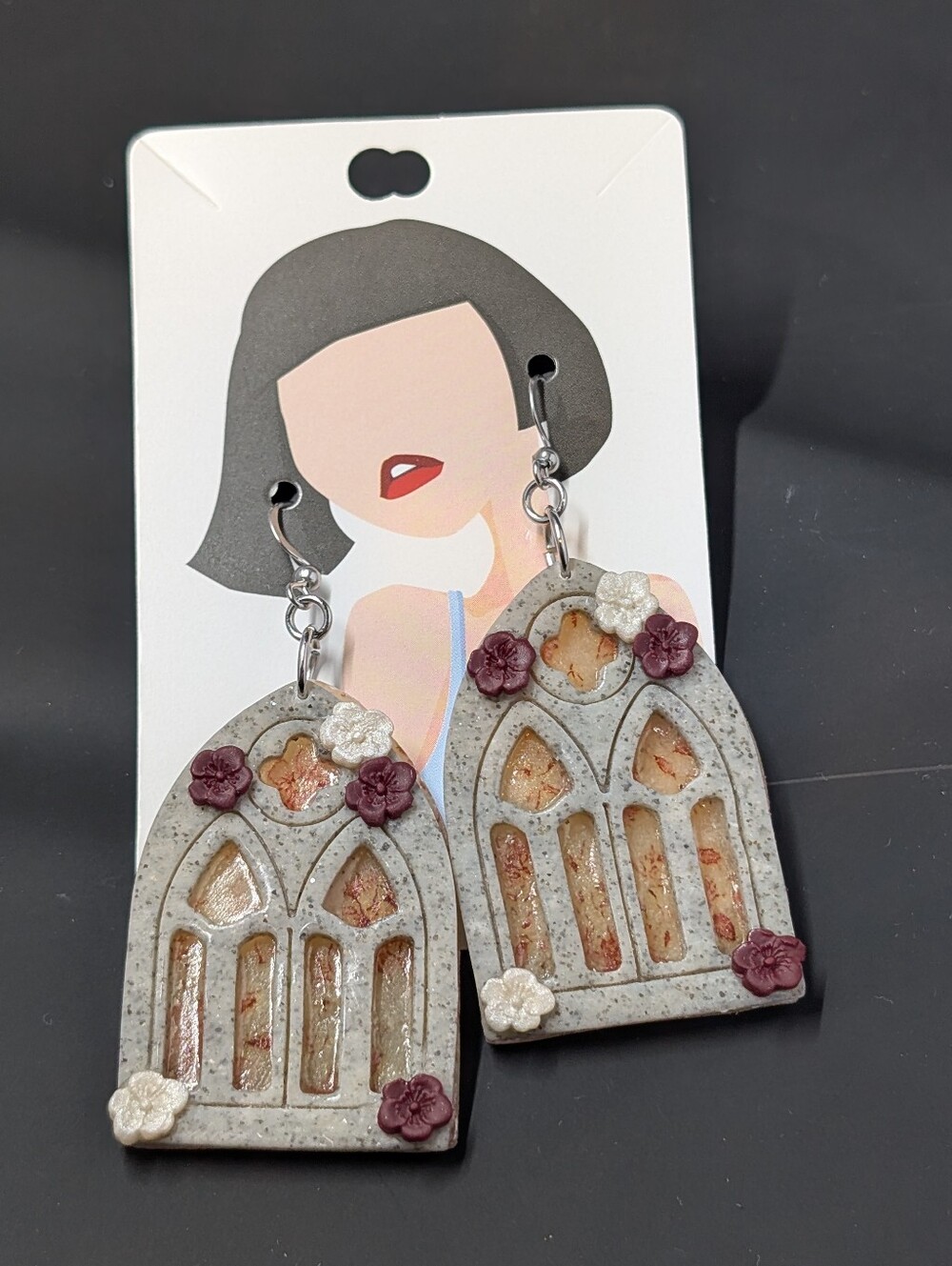 Gray Arch Window Floral Drop Earrings - Women Jewelry